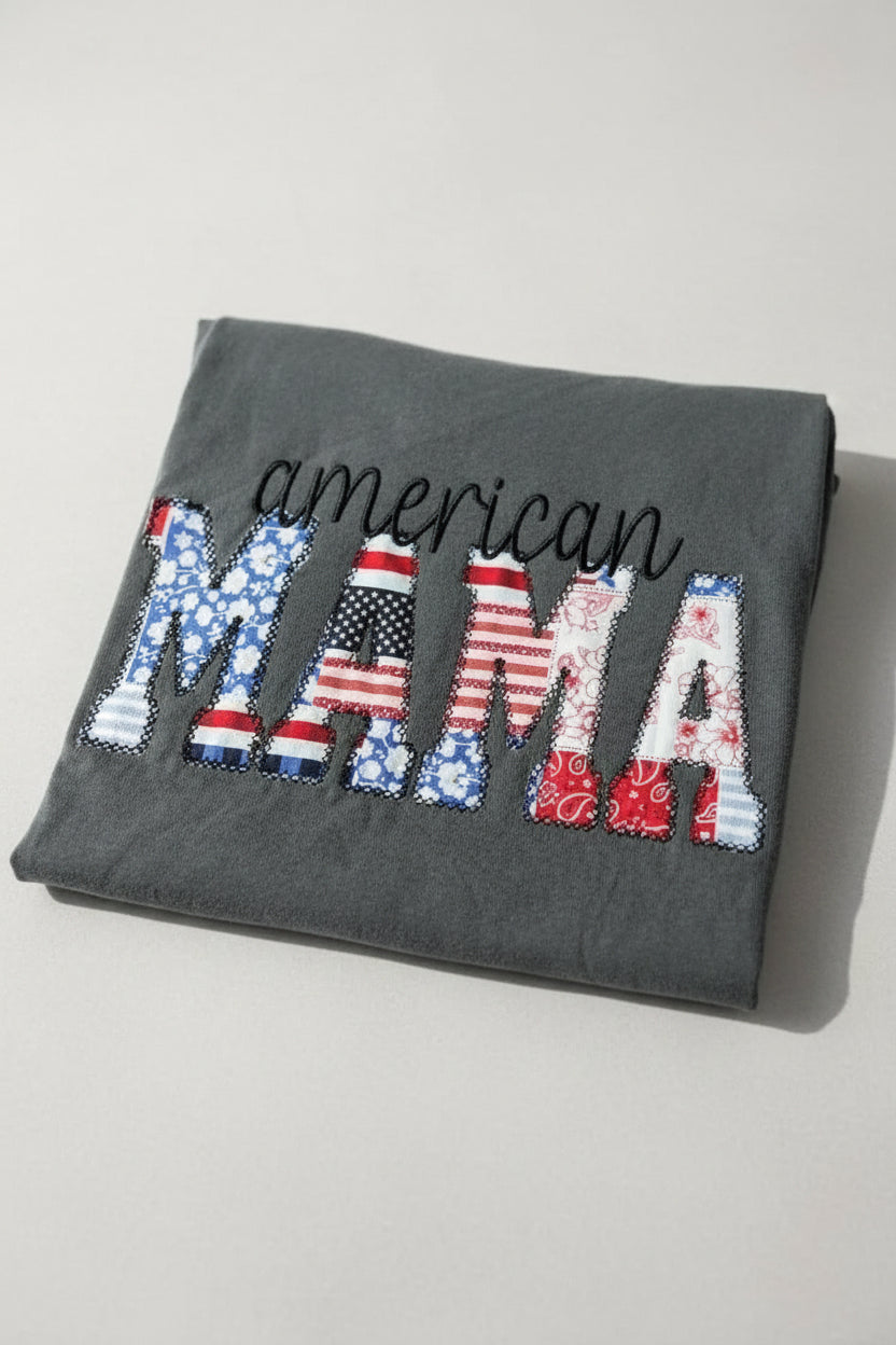 American Mama Custom Patriotic Embroidered Name Shirt with Patchwork Applique Letters