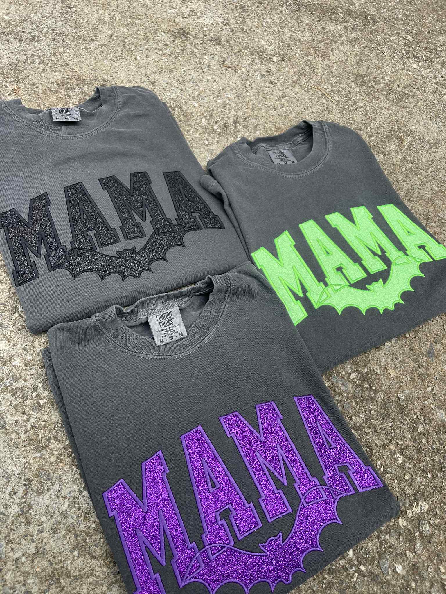Custom Mama with bat Glitter Applique Embroidered Comfort Color Short Sleeve Shirt