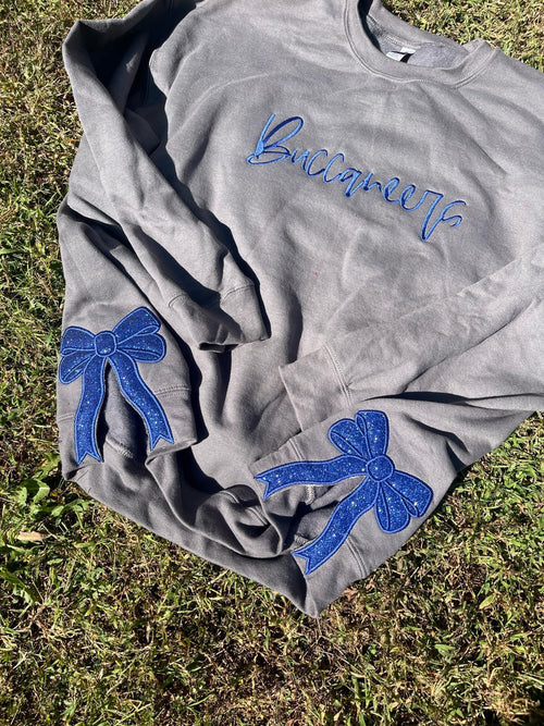 Side Bow Glitter Applique Embroidered Sweatshirt with Optional Script Mascot/Word on Front - Merch Girls