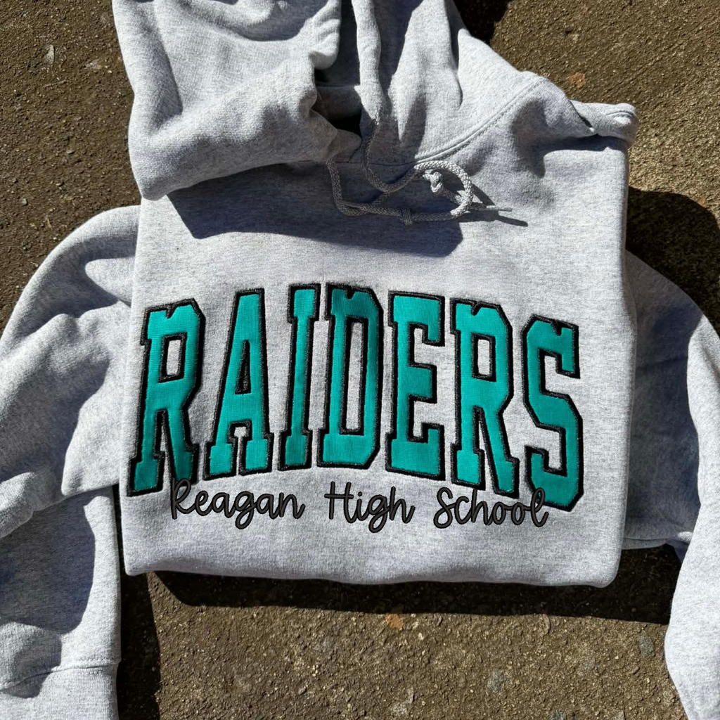Custom Arched Varsity Fabric Applique with Lower Text Embroidered Hoodie