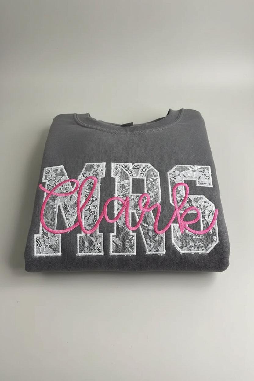 Lace Applique Mrs. Bride to Be Custom Embroidered CC Short Sleeve/Sweatshirt