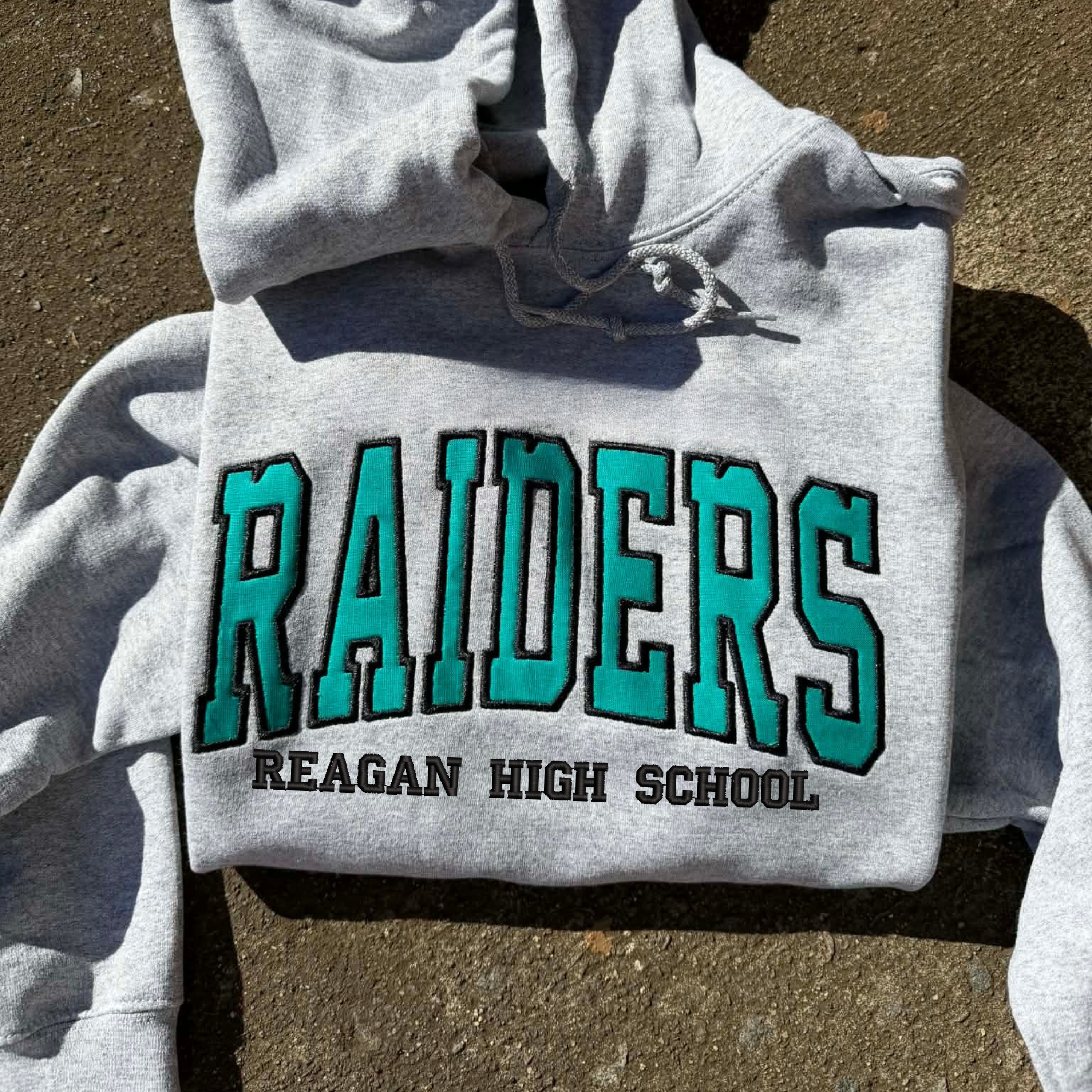 Custom Arched Varsity Fabric Applique with Lower Text Embroidered Hoodie