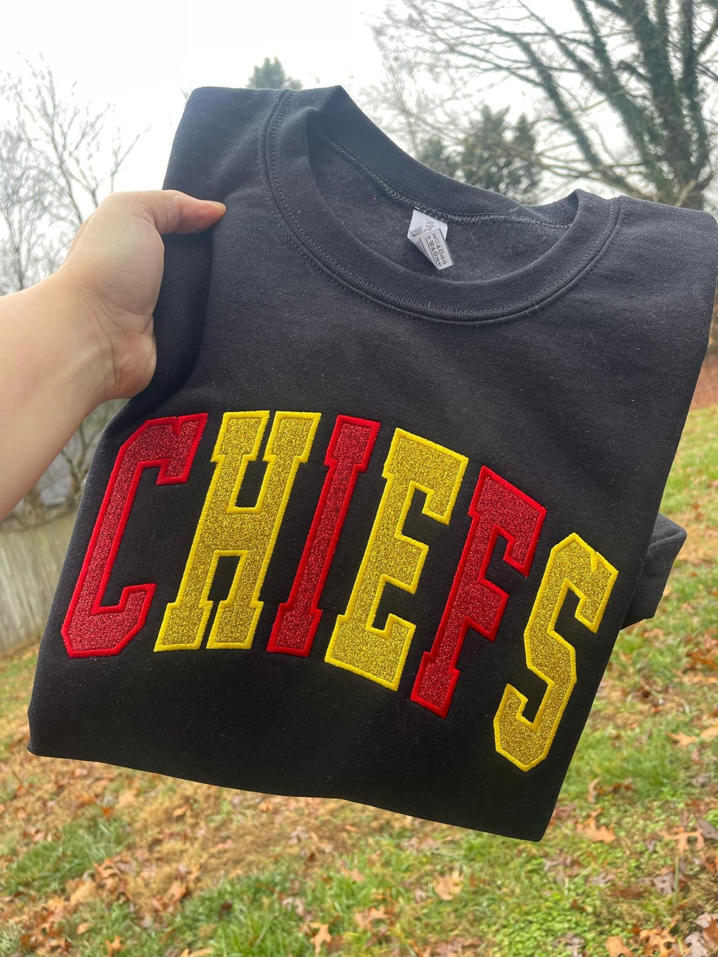 Varsity Two Color Glitter Applique with Name and Icon on Sleeve Embroidered CC Short Sleeve or Sweatshirt - Merch Girls