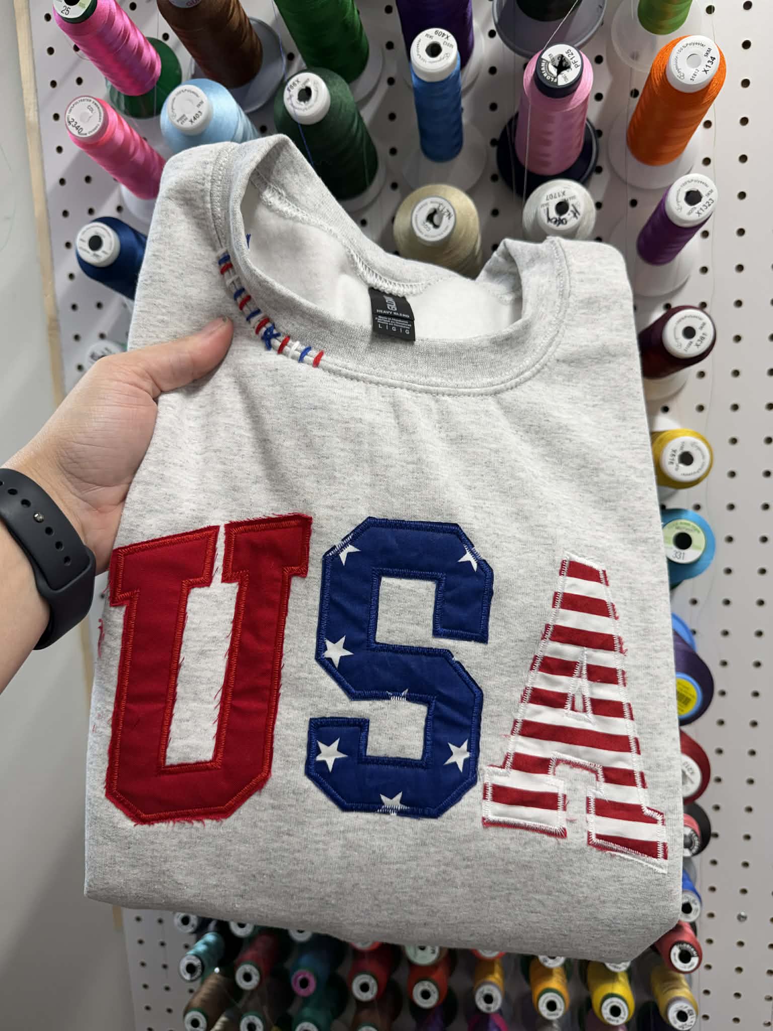 Patriotic USA Red White and Blue Applique Embroidered Shirt