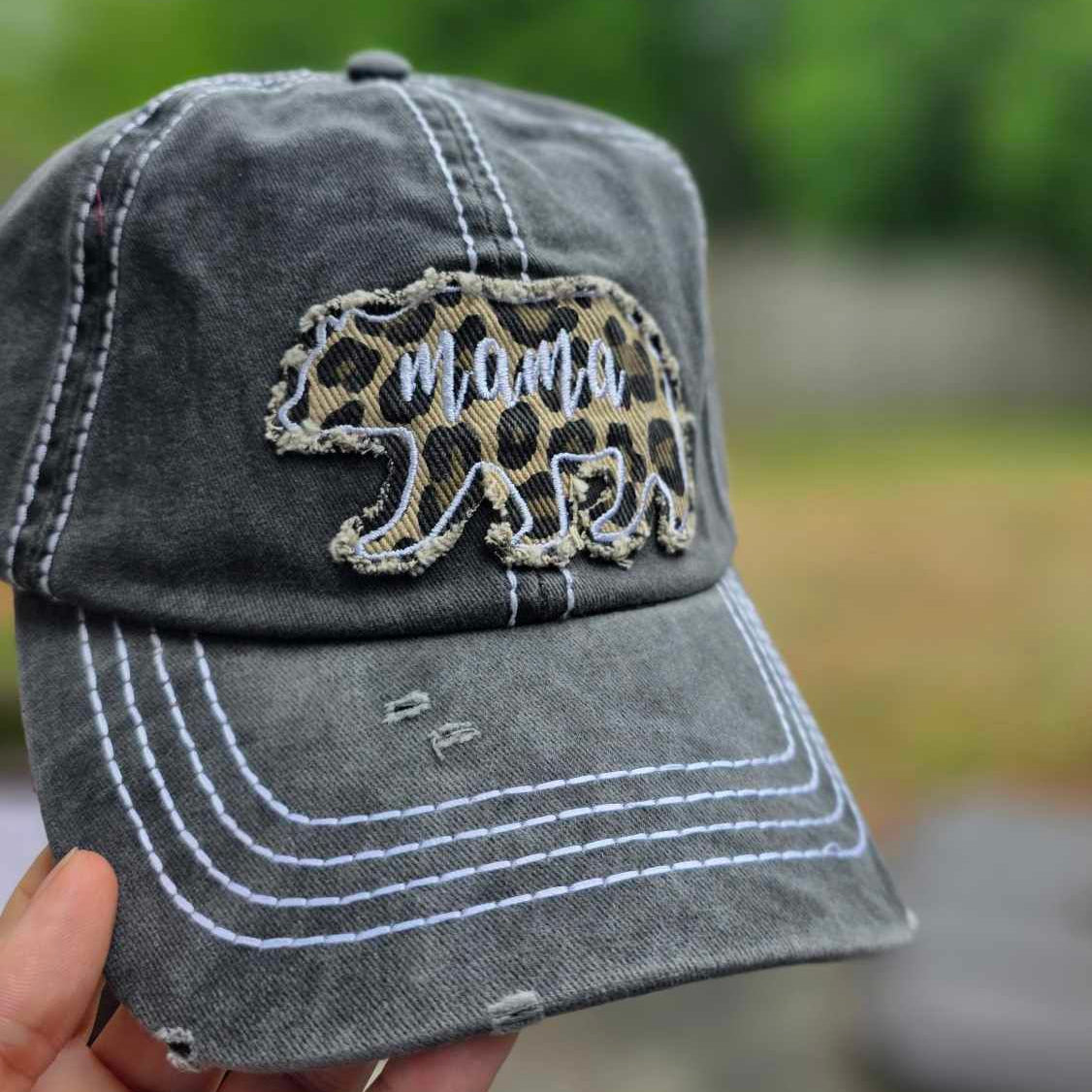 Distressed Mama Bear Leopard Patch Embroidered Baseball Cap
