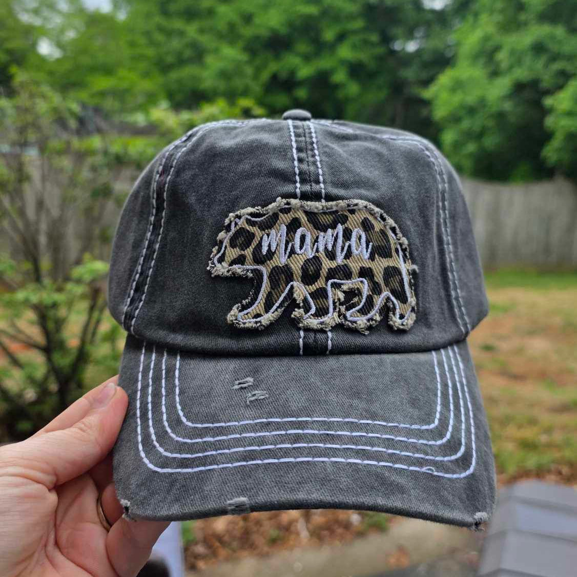 Distressed Mama Bear Leopard Patch Embroidered Baseball Cap