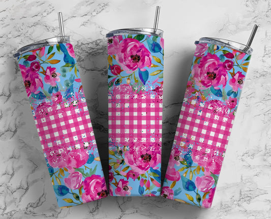 Pink Plaid and Floral Monogram Completed 20oz Skinny Tumbler