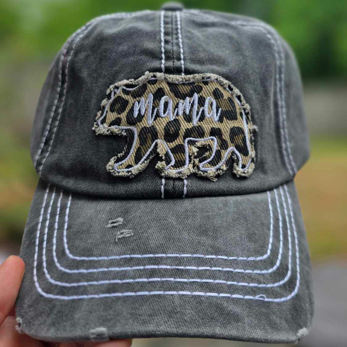 Distressed Mama Bear Leopard Patch Embroidered Baseball Cap