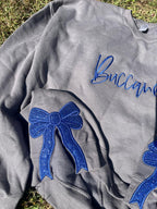 Side Bow Glitter Applique Embroidered Sweatshirt with Optional Script Mascot/Word on Front - Merch Girls