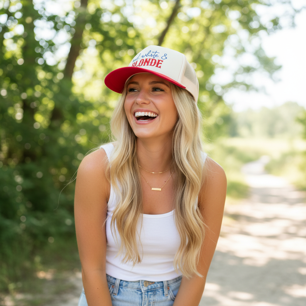 Red White & Blonde Embroidered Adjustable Five-Panel Twill Hat
