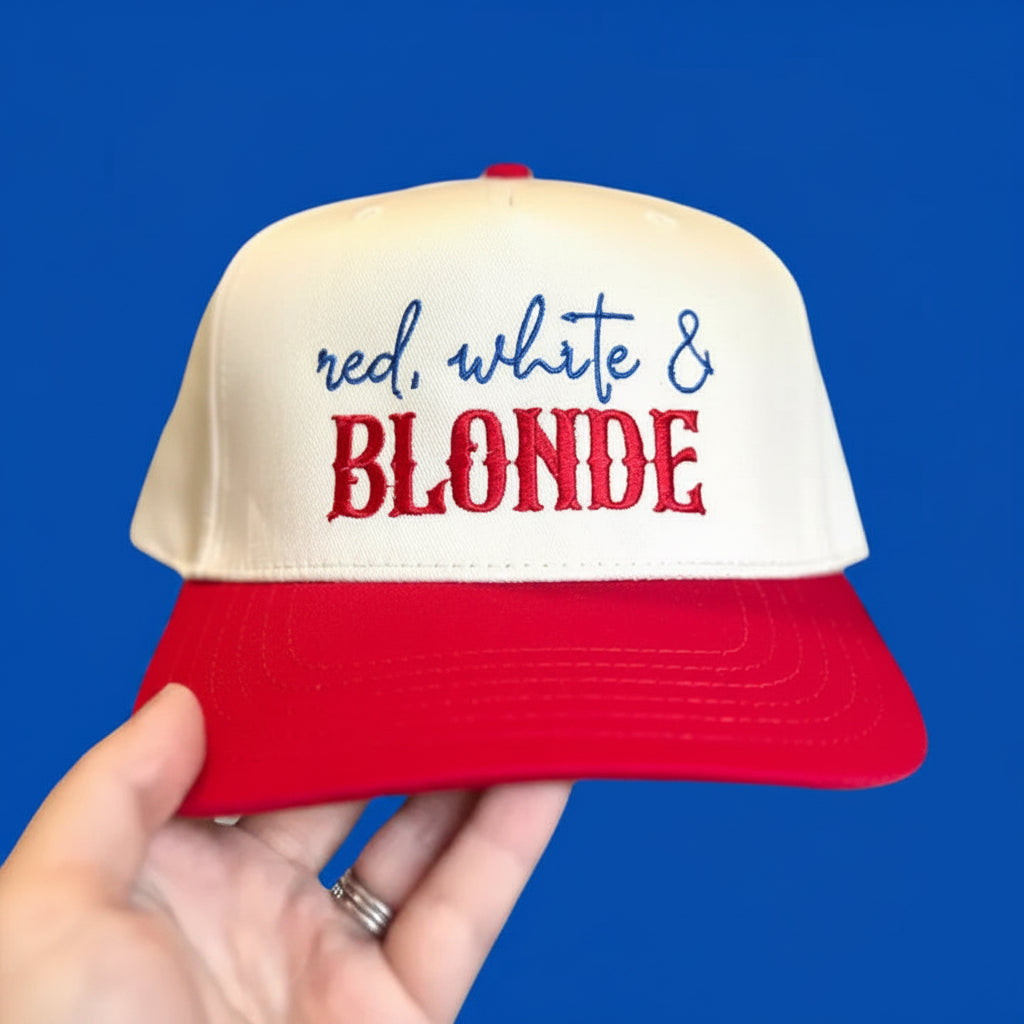 Red White & Blonde Embroidered Adjustable Five-Panel Twill Hat
