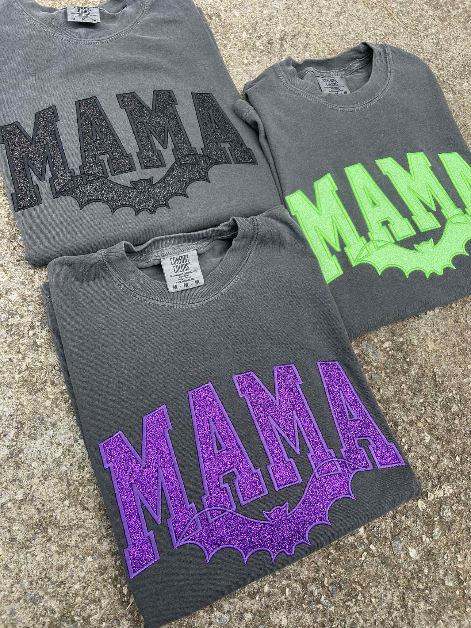 Custom Mama with bat Glitter Applique Embroidered Comfort Color Short Sleeve Shirt