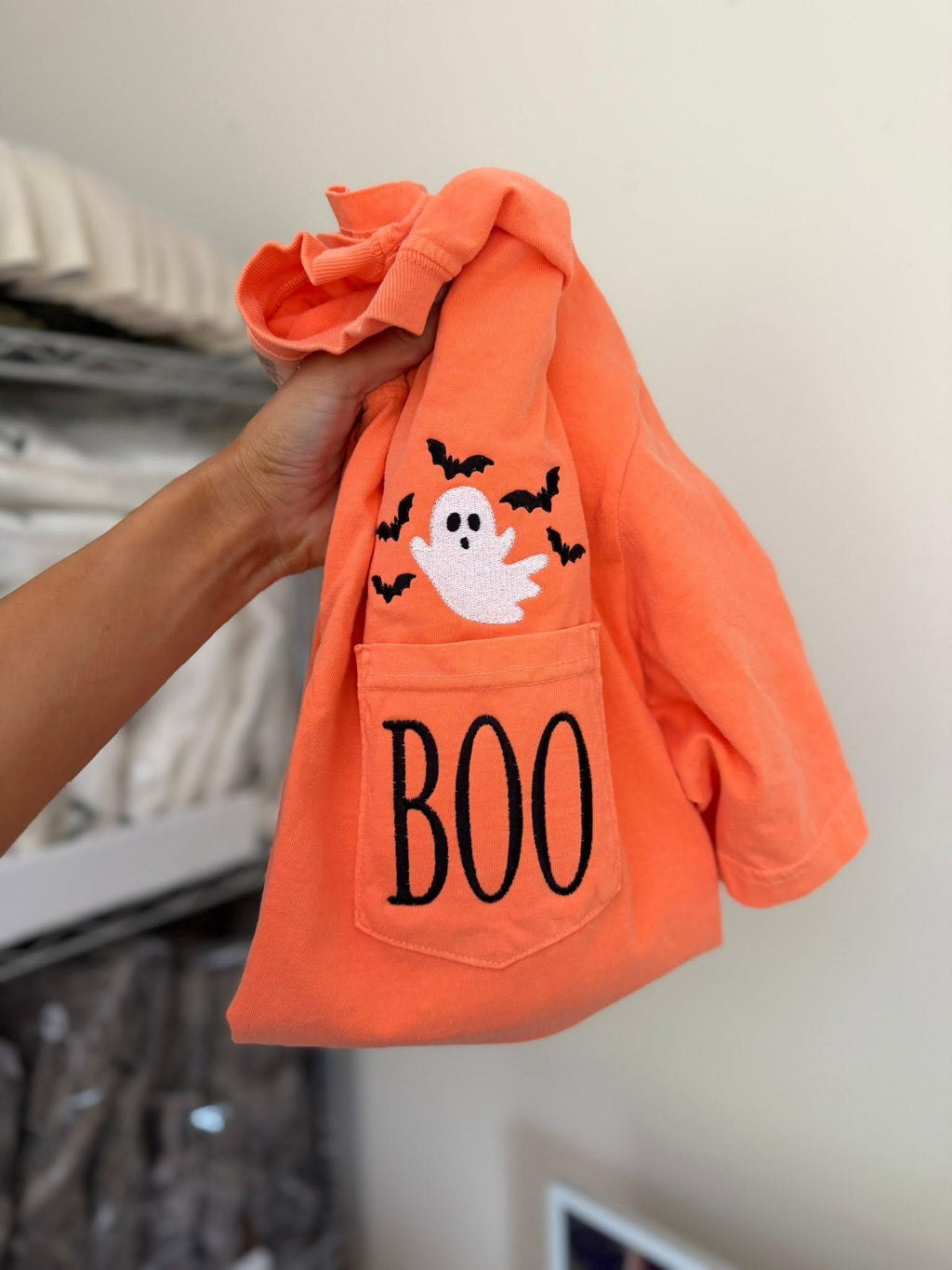 Embroidered "BOO" Ghost Pocket Tee | Cute Halloween Shirt