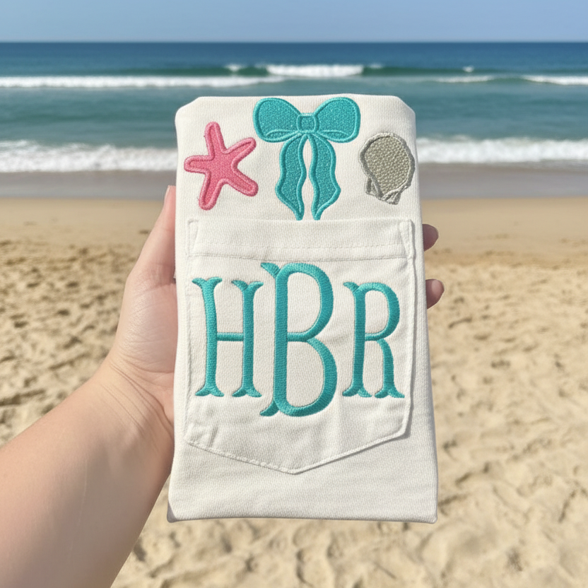 Personalized Coastal Monogram Pocket Tee | Comfort Colors Pocket Shirt | Beach Embroidered Initial T-Shirt