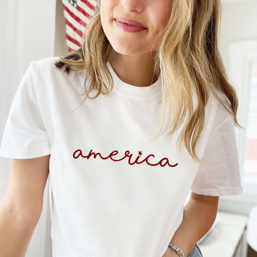 America Script Embroidered T-Shirt | Comfort Colors Patriotic Tee