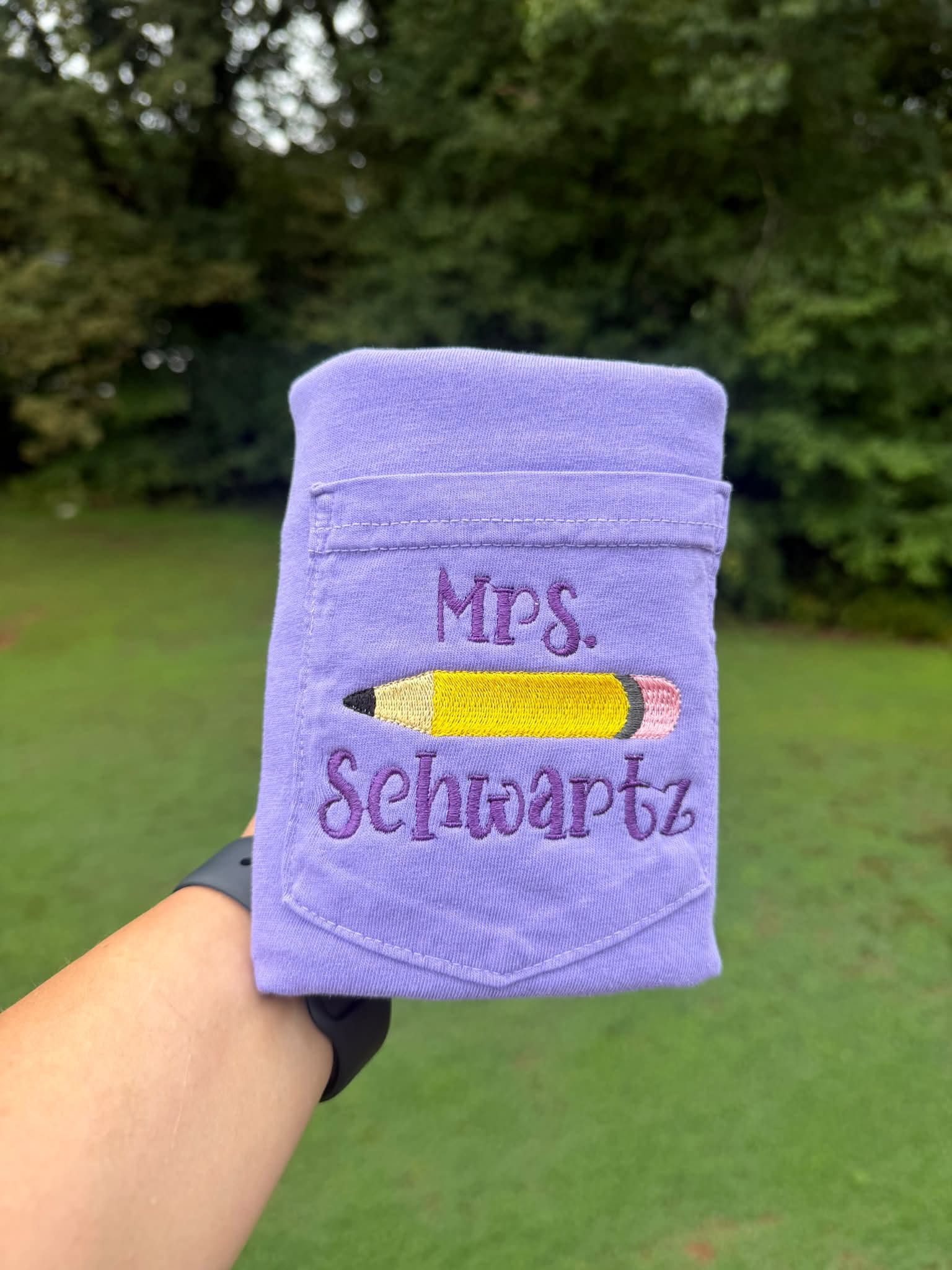 Personalized Embroidered Teacher Pocket T-Shirt with Pencil
