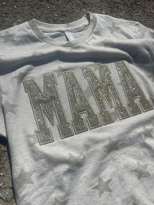 Star Custom Mama or Mascot Glitter Applique Embroidered Graphic Tee