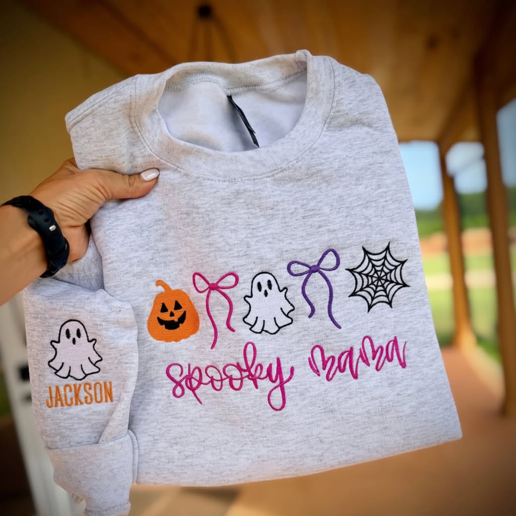 Bows & Boos Spooky Mama Embroidered Halloween Shirt | Optional Personalized Sleeves
