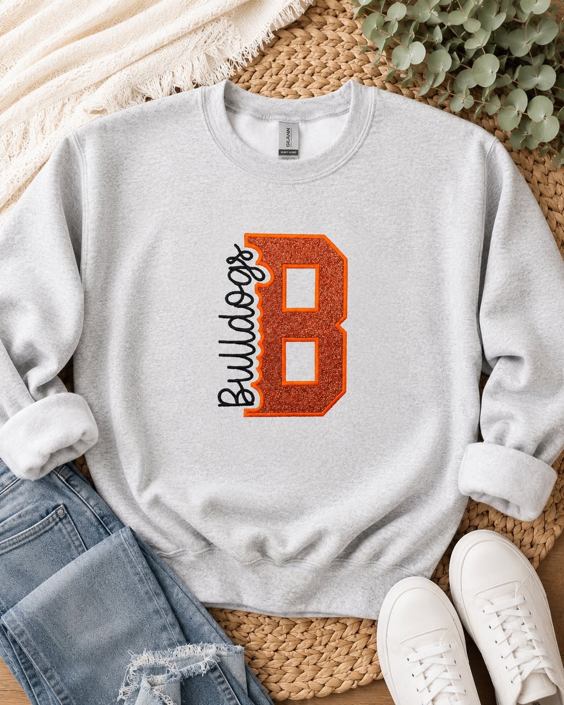 Sideline Script Bulldogs Glitter HTV Appliqué Embroidered Shirt | Custom School Spirit Mascot Sweatshirt