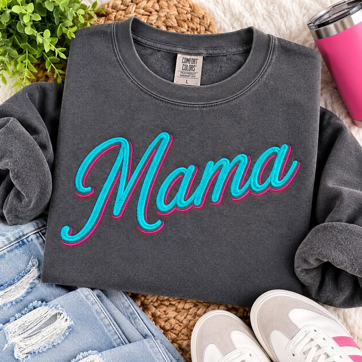 Double Take Mama | Two-Tone Script Embroidered Shirt