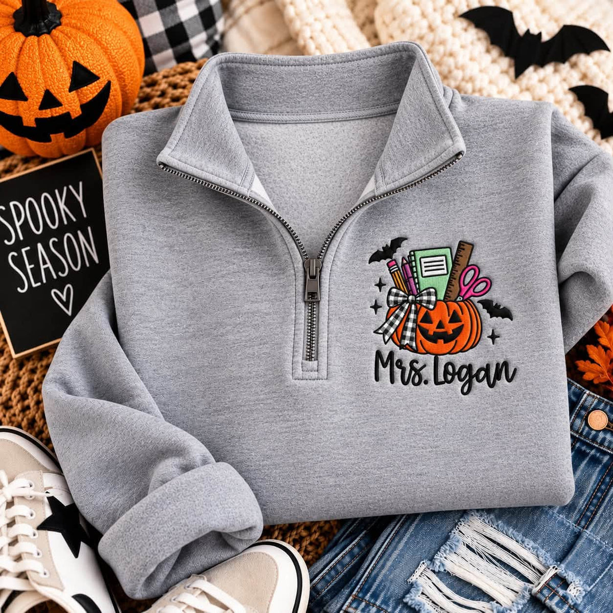 Spooky Schoolhouse Embroidered Teacher Sweatshirt & Quarter Zip
