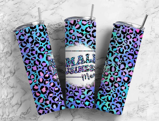 Small Business Mama on Purple Leopard Background Completed 20oz Skinny Tumbler