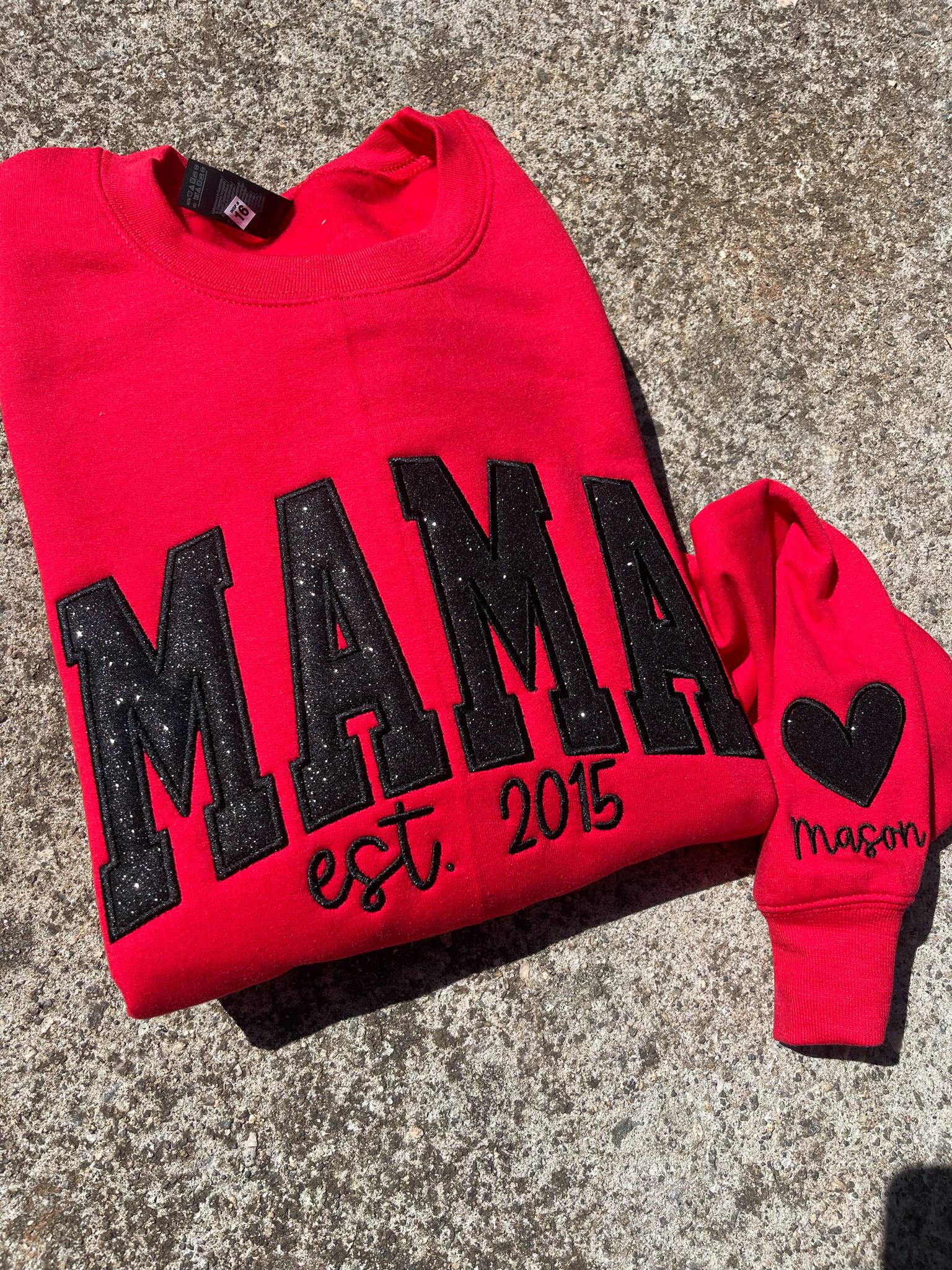 Personalized Custom Varsity Glitter Applique with September Script Font and Icon on Sleeve Embroidered Shirt