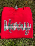 Merry Plaid Fabric Applique with Optional Side Bows Christmas Holiday Embroidered Sweatshirt - Merch Girls