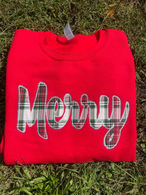 Merry Plaid Fabric Applique with Optional Side Bows Christmas Holiday Embroidered Sweatshirt - Merch Girls