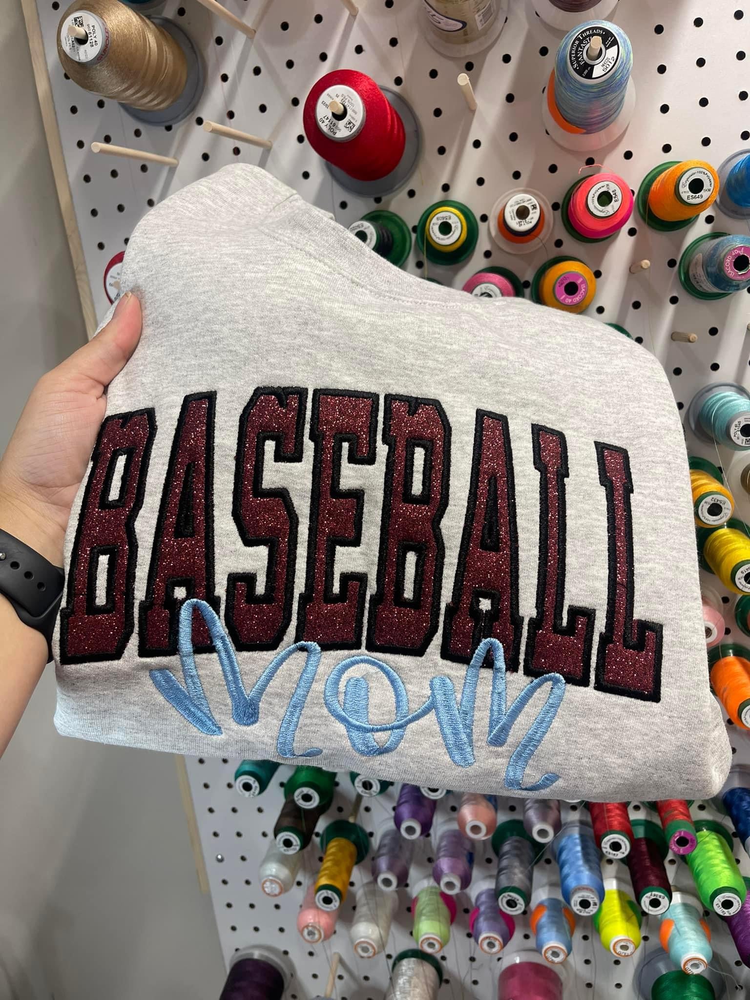 Custom Varsity Glitter Applique and Inspiration Script Font with Name and Icon on Sleeve Embroidered Shirt