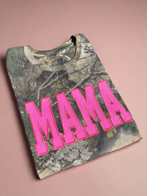 Realtree Camo Neon Pink Mama Glitter Applique Embroidered T-Shirt - Merch Girls