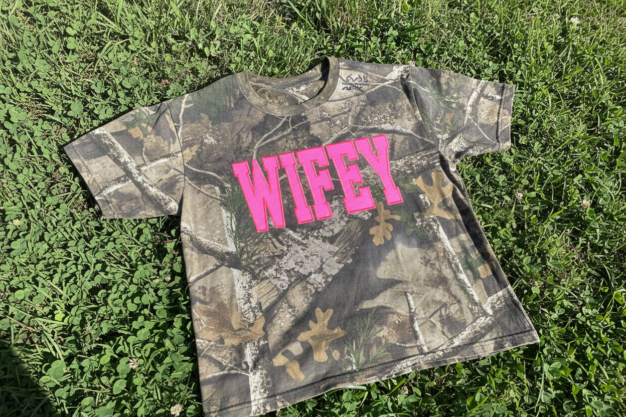 Custom Glitter Applique Camo Embroidered Shirt – Realtree + Embroidery