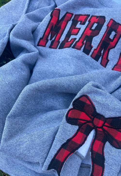 Side Bow Christmas Fabric Applique Embroidered Sweatshirt with Optional Front Embroidery - Merch Girls