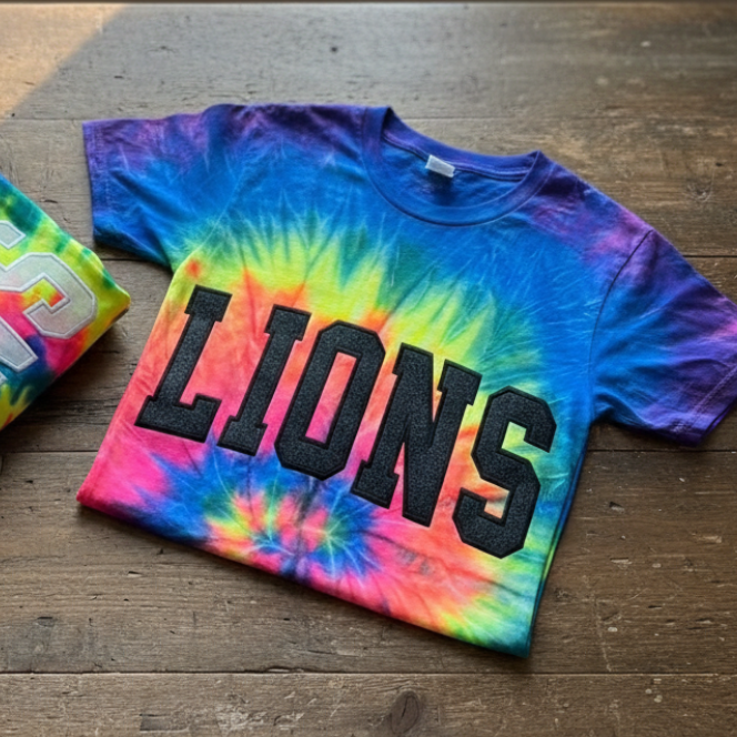 Custom Glitter Tie-Dye Embroidered Shirt | Personalized Text | Tank Top, Tee, Hoodie | Toddler, Youth & Adult Sizes