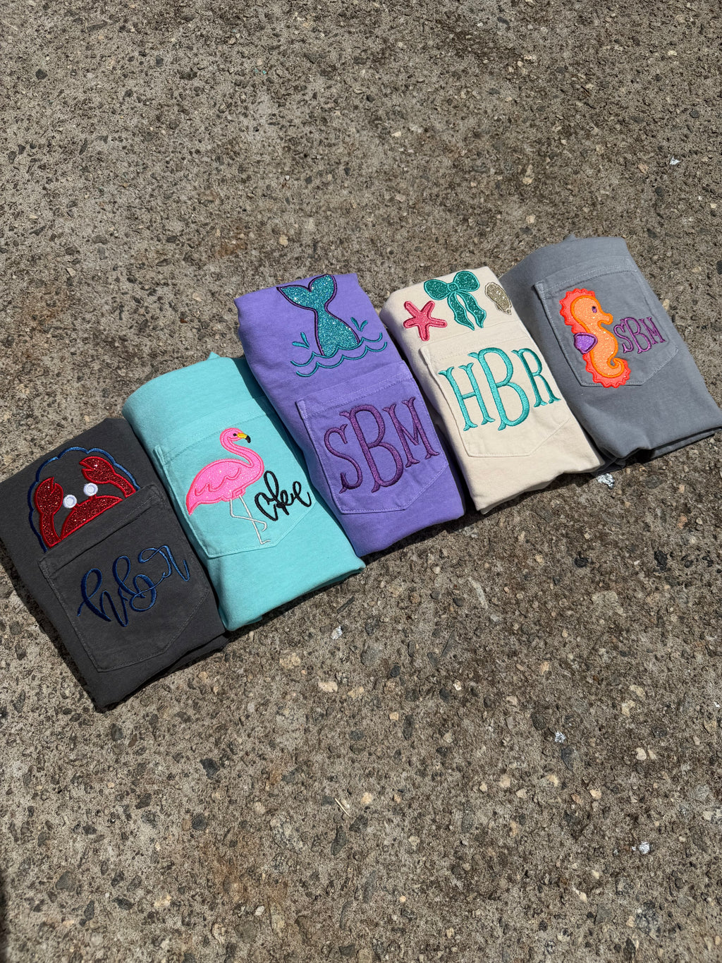 Personalized Flamingo Monogram Pocket Tee | Comfort Colors Pocket Shirt | Embroidered Flamingo Initial T-Shirt
