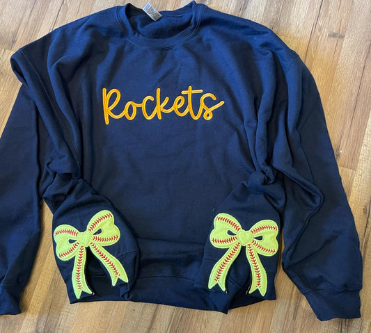 Softball Side Bow Glitter Applique Embroidered Sweatshirt with Optional Front