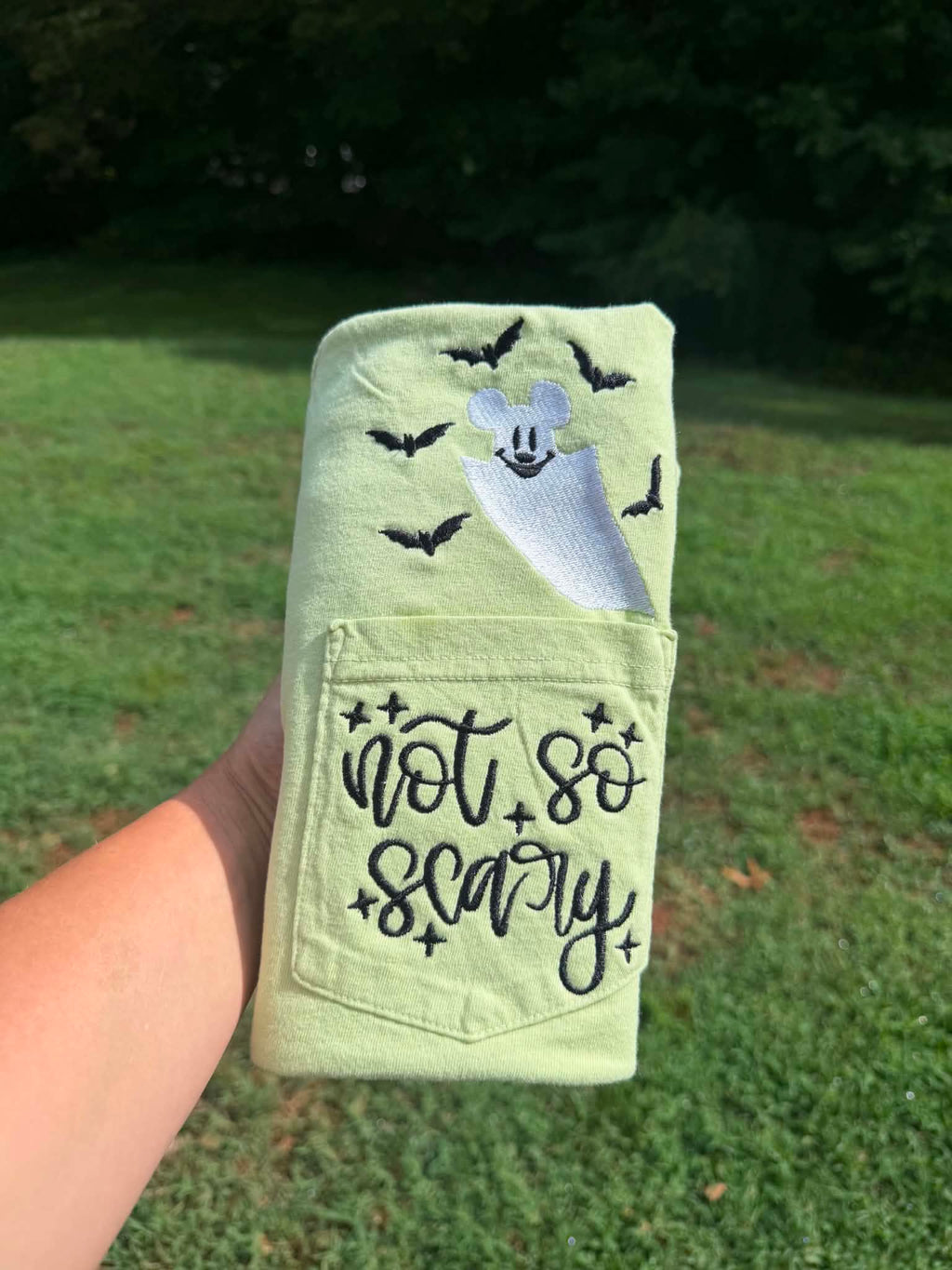 Ghost & Bats with Quote Embroidered Pocket Tee