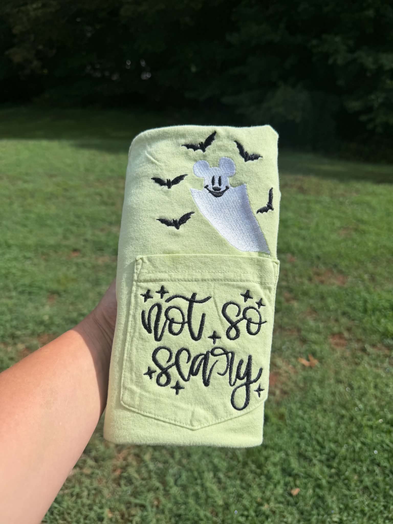 Ghost & Bats with Quote Embroidered Pocket Tee