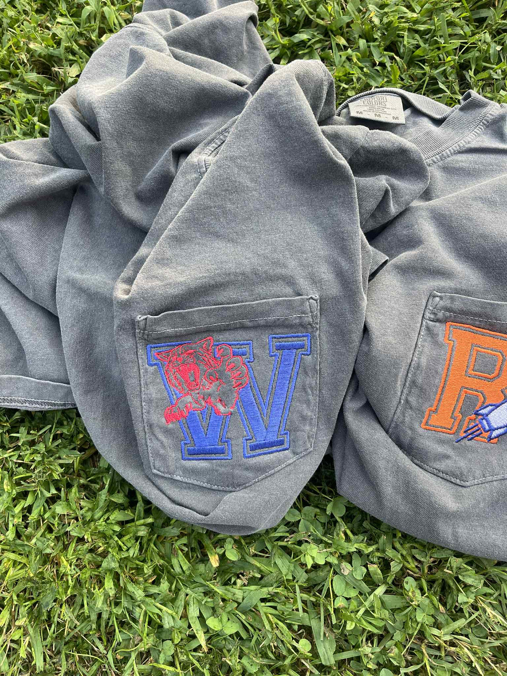 Letter and Outline Mascot Embroidered Comfort Color Pocket Tee