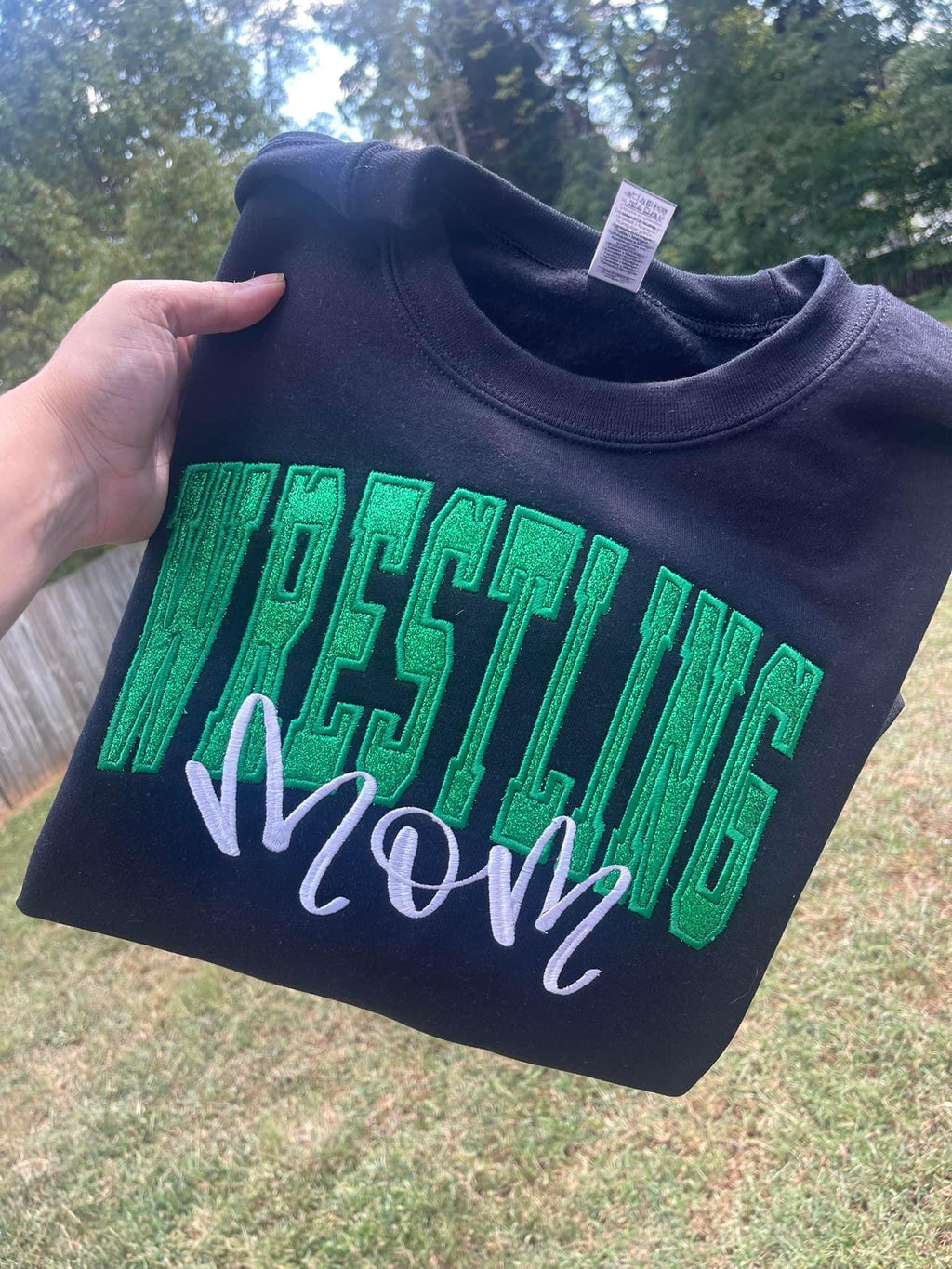 Custom Varsity Glitter Applique and Inspiration Script Font with Name and Icon on Sleeve Embroidered Shirt