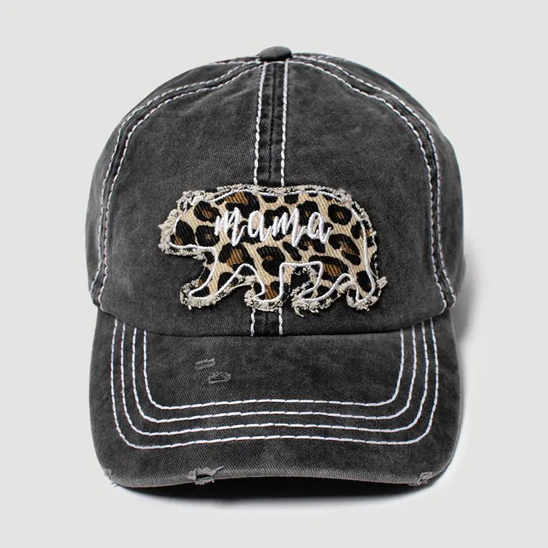 Distressed Mama Bear Leopard Patch Embroidered Baseball Cap