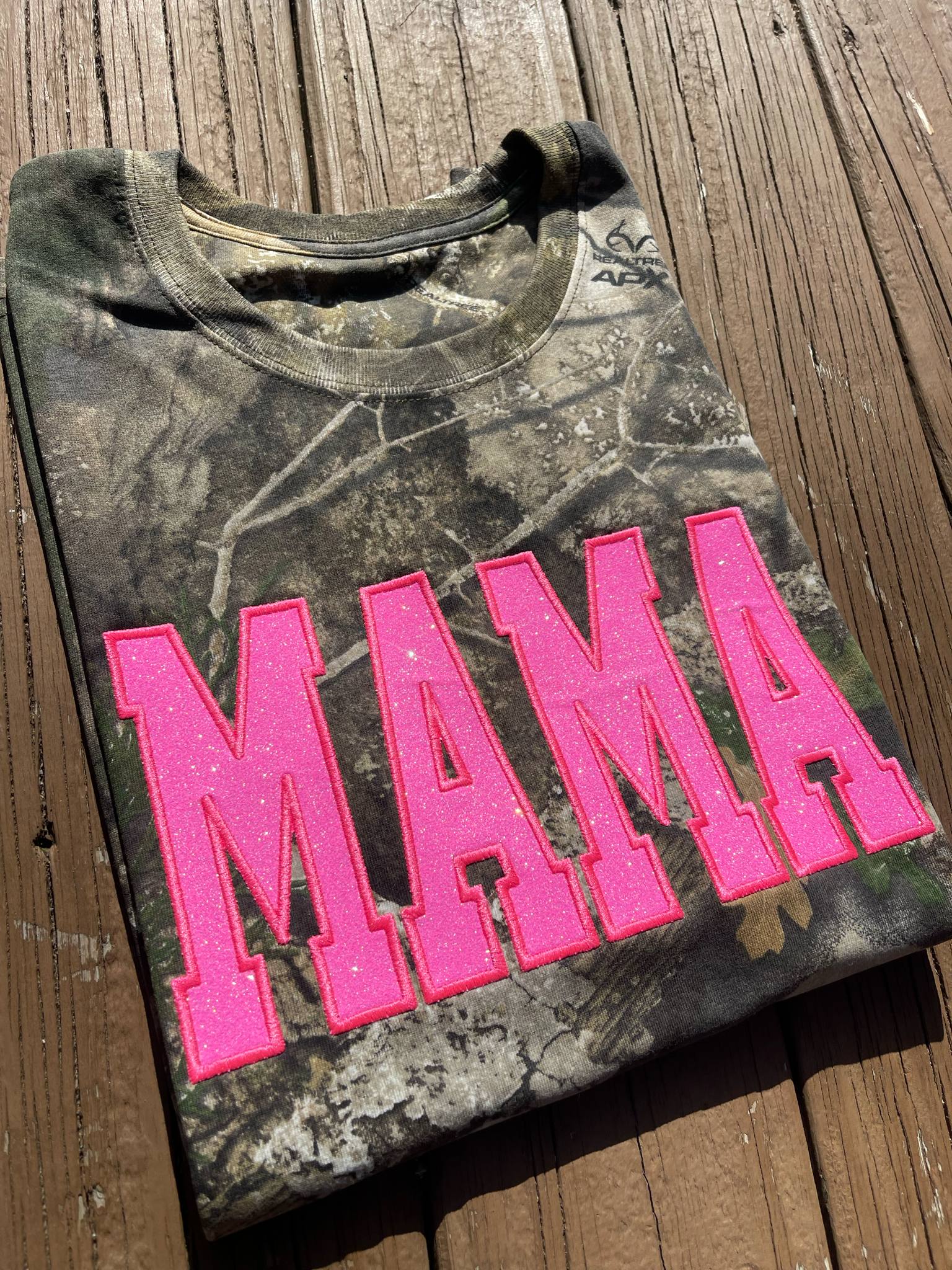 Realtree Camo Neon Pink Mama Glitter Applique Embroidered T-Shirt