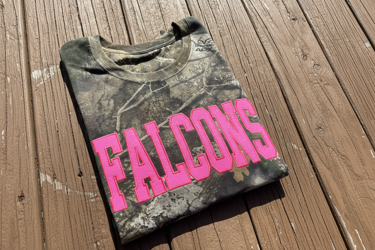 Custom Glitter Applique Camo Embroidered Shirt – Realtree + Embroidery