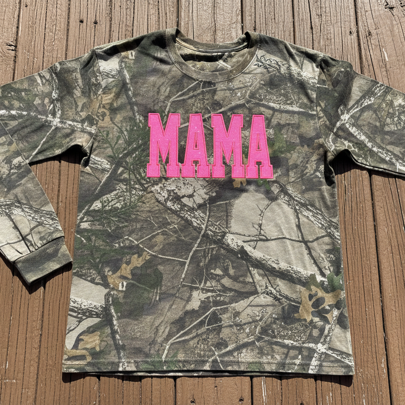 Neon Pink Mama Glitter Applique Embroidered Realtree Camo T-Shirt | Unisex Fit