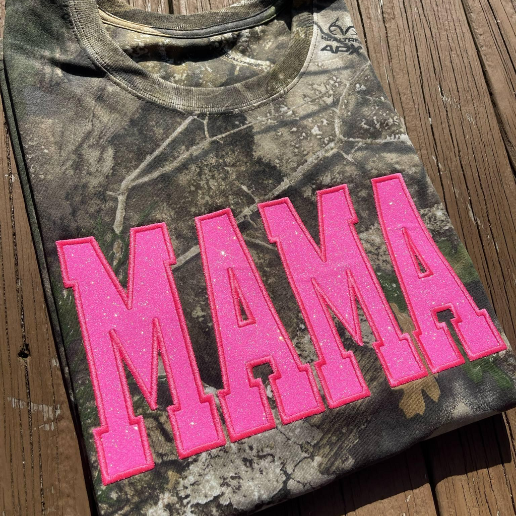 Neon Pink Mama Glitter Applique Embroidered Realtree Camo T-Shirt | Unisex Fit