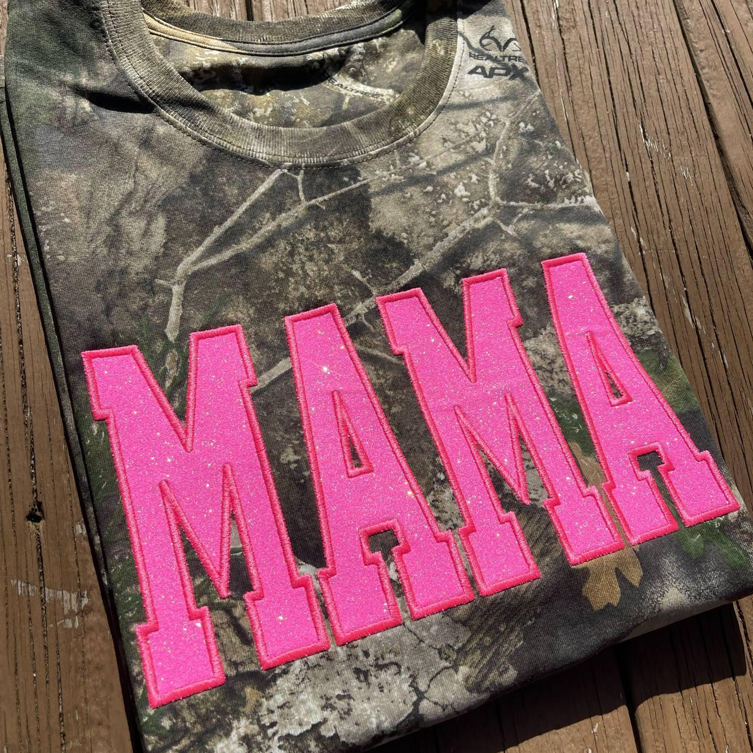 Neon Pink Mama Glitter Applique Embroidered Realtree Camo T-Shirt | Unisex Fit