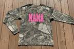Neon Pink Mama Glitter Applique Embroidered Realtree Camo T-Shirt | Unisex Fit