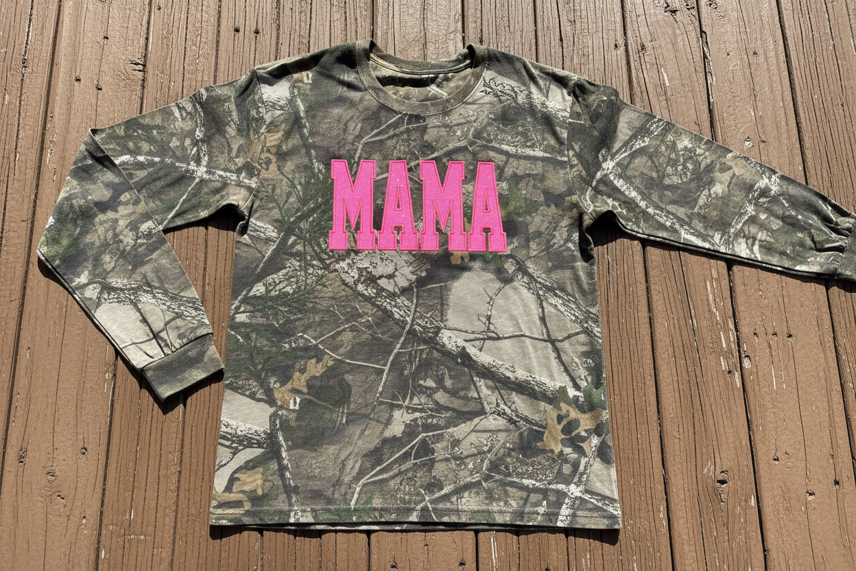 Neon Pink Mama Glitter Applique Embroidered Realtree Camo T-Shirt | Unisex Fit