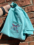 Two Tone Bow with Letter Embroidered Comfort Color Pocket Tee - Merch Girls