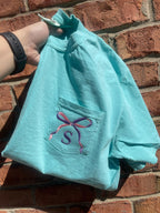 Two Tone Bow with Letter Embroidered Comfort Color Pocket Tee - Merch Girls